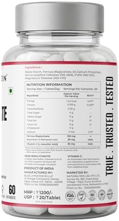 NATURALTEIN Iron Bisglycinate Tablets 60 – Gentle Chelated + Vitamin C