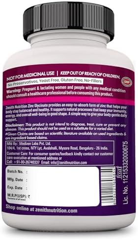 Zenith Nutrition Chelated Zinc Glycinate 12mg Capsules 120 – Vegetarian Mineral