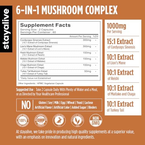 Stay Alive 6-in-1 Mushroom Complex with Lion's Mane & Reishi 1000mg Capsules – Ayurvedic Herb