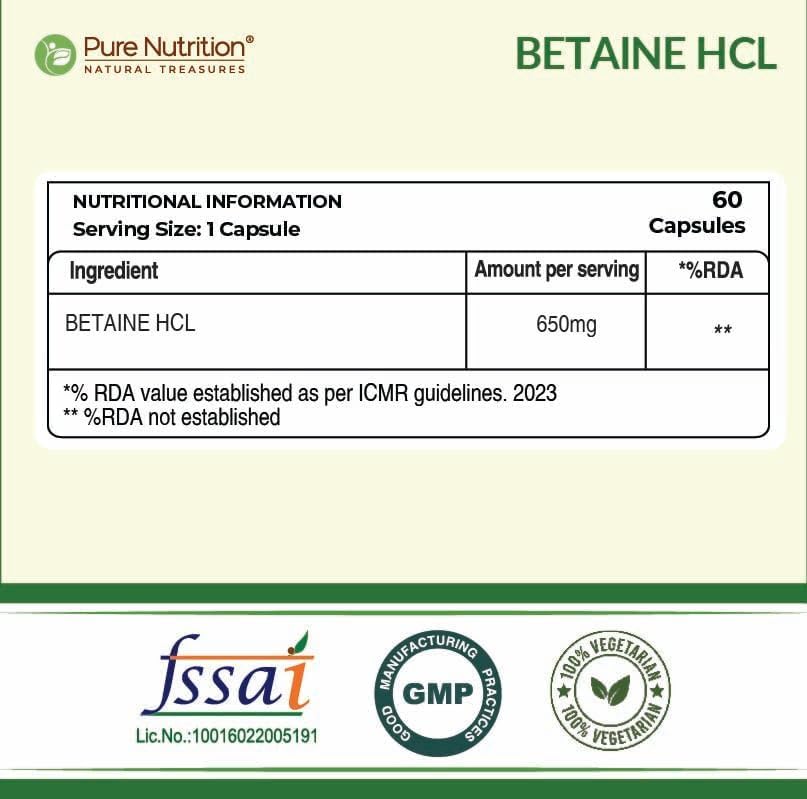 Pure Nutrition Betaine HCL 650mg Capsules 60 – Betaine hydrochloride