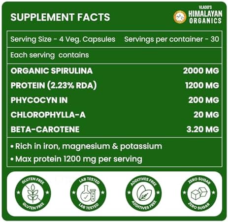 Himalayan Organics Spirulina 2000mg Capsules 120 – Arthrospira platensis