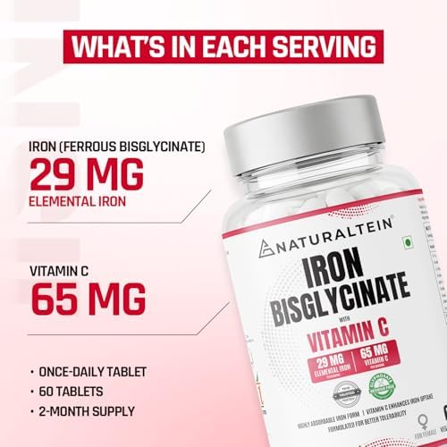 NATURALTEIN Iron Bisglycinate Tablets 60 – Gentle Chelated + Vitamin C