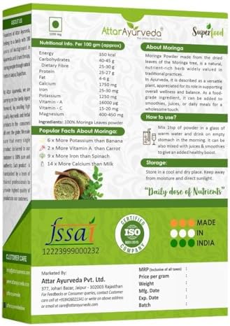Attar Ayurveda 100% Moringa Leaf Powder 200g – Moringa oleifera