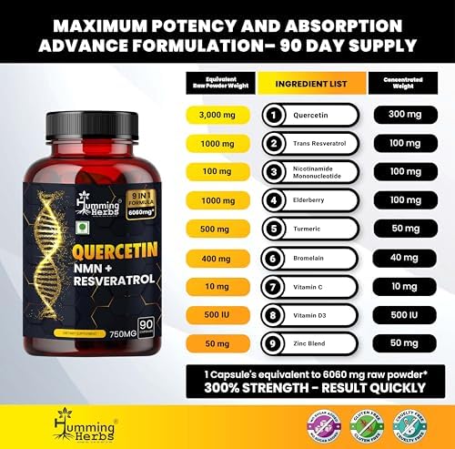 Humming Herbs Quercetin, NMN & Resveratrol Complex Capsules 90 – Ayurvedic Herb