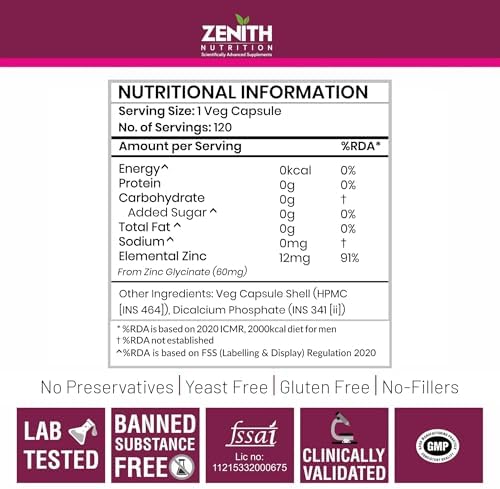 Zenith Nutrition Chelated Zinc Glycinate 12mg Capsules 120 – Vegetarian Mineral