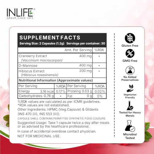 INLIFE Cranberry with D-Mannose & Hibiscus Capsules 60 – Ayurvedic Herb