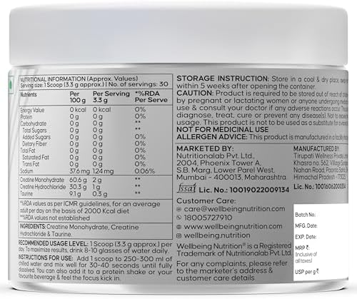 Wellbeing Nutrition Creatine Monohydrate + HCL + Taurine Powder – Amino Acid
