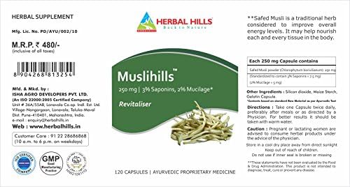 Herbal Hills Muslihills Safed Musli 250mg Capsules 120 – Chlorophytum borivilianum