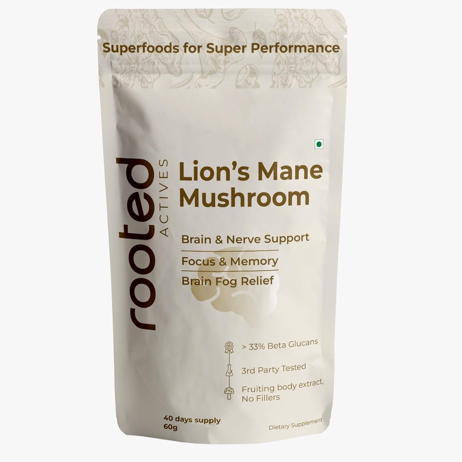 Rooted Actives Lion's Mane Mushroom Extract Capsules 60g – Hericium erinaceus