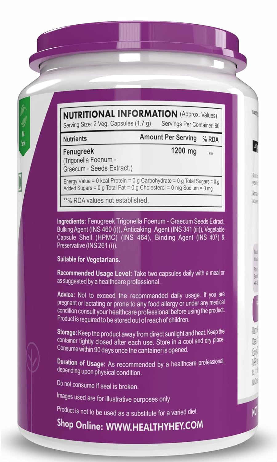 HealthyHey Nutrition Fenugreek Seed Extract Capsules 120 – Trigonella foenum