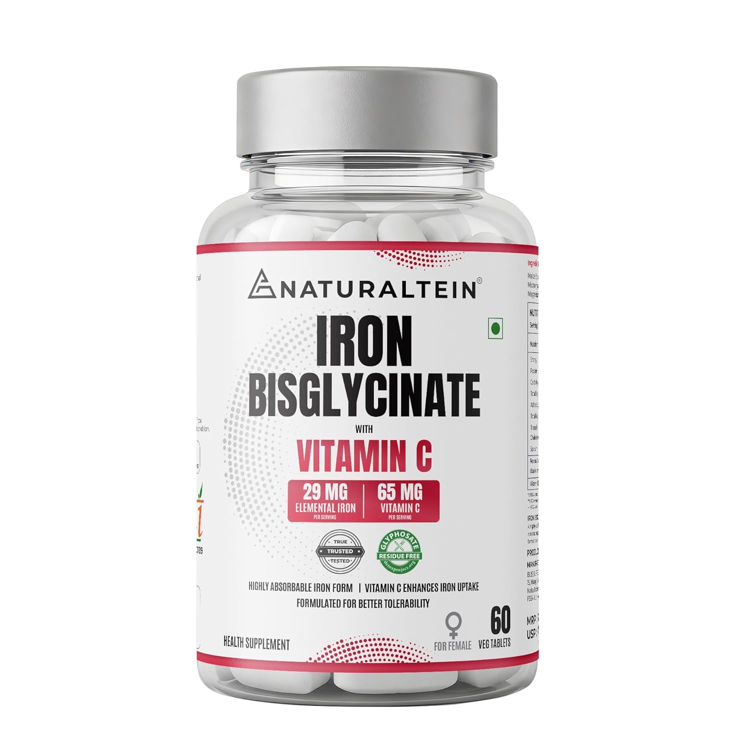 NATURALTEIN Iron Bisglycinate Tablets 60 – Gentle Chelated + Vitamin C
