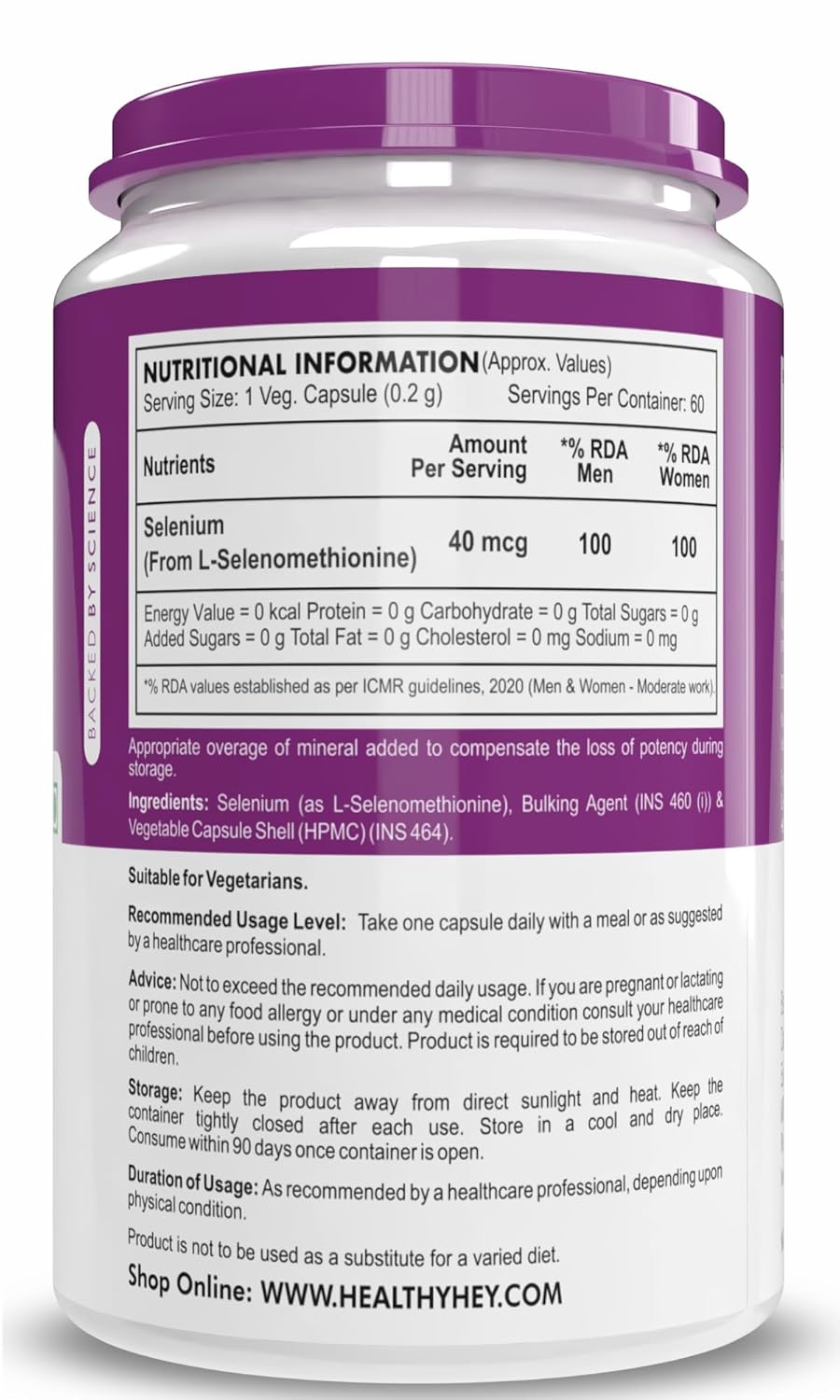 HealthyHey Selenium 40mcg Capsules 60 – Vegetarian Mineral