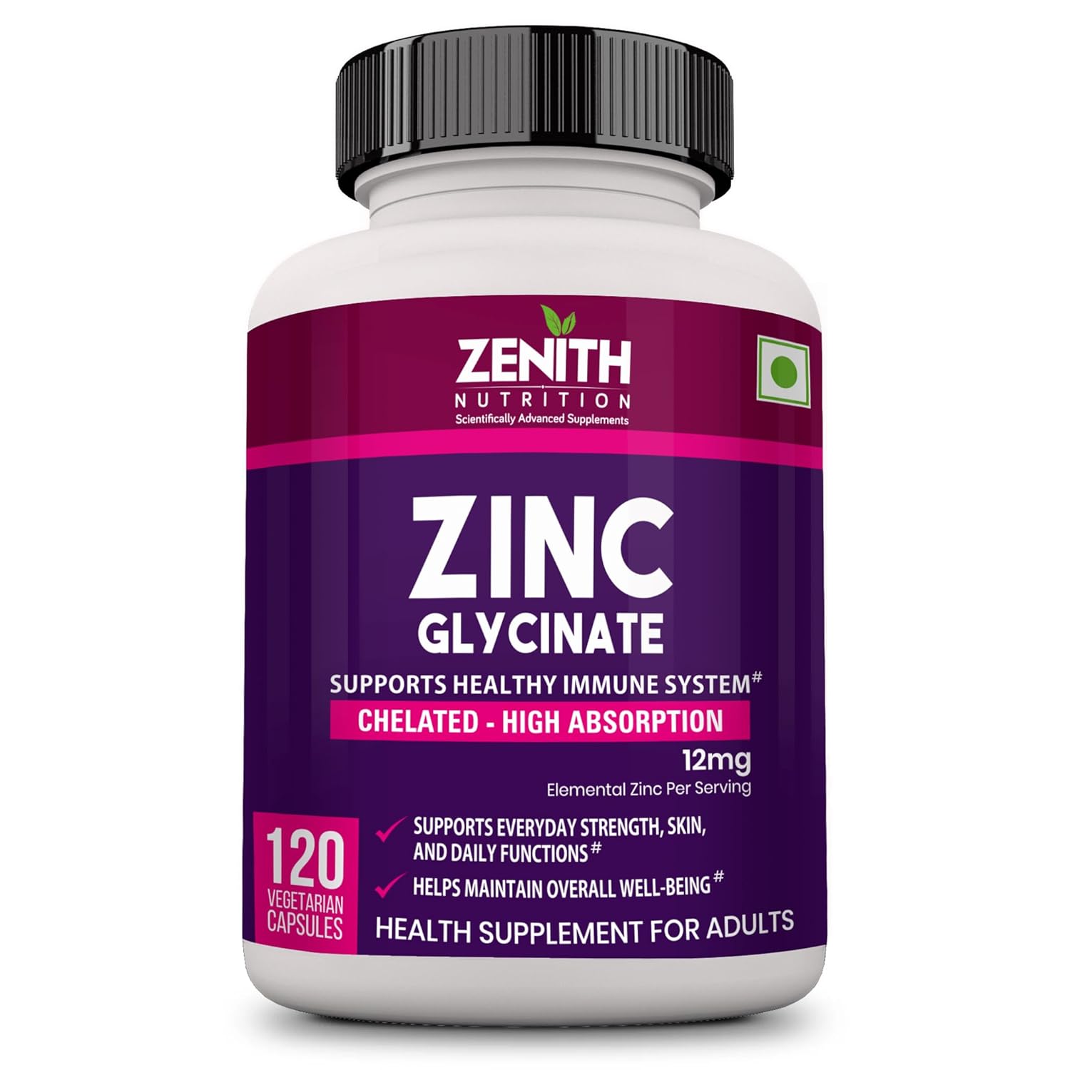 Zenith Nutrition Chelated Zinc Glycinate 12mg Capsules 120 – Vegetarian Mineral