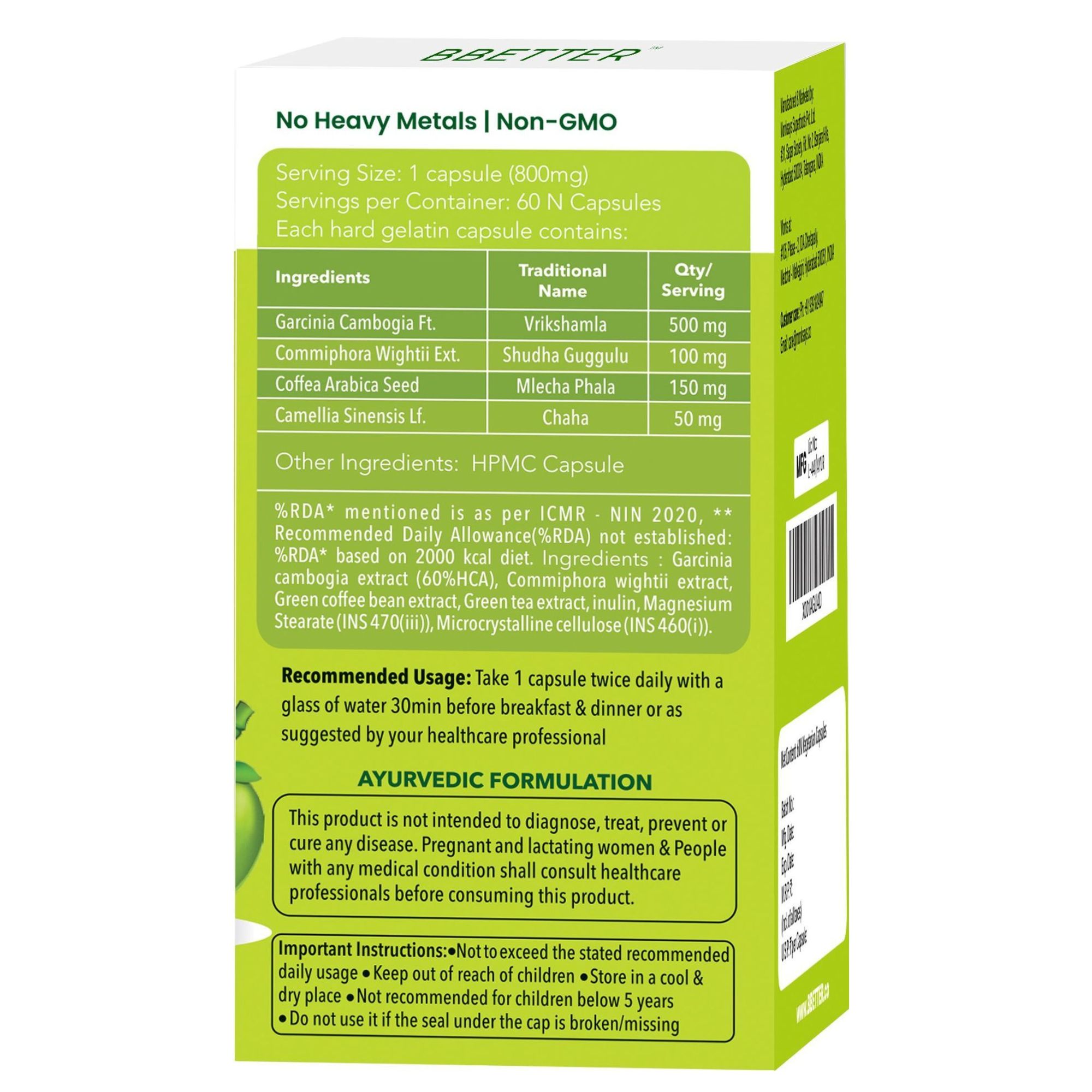 BBETTER Garcinia with Green Coffee and Green Tea Capsules 60 – Ayurvedic Herb