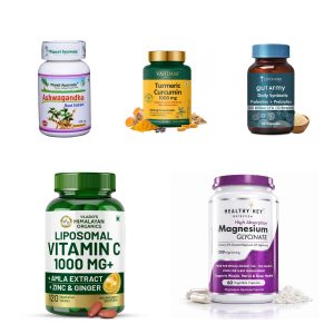 The 90-Day Complete Kit - contents shown: Planet Ayurveda Ashwagandha Capsules 60, VAHDAM Turmeric Curcumin 95% Curcuminoids Capsules 90, ZeroHarm Prebiotics & Probiotics 100 Billion CFU, Himalayan Organics Liposomal Vitamin C Capsules, HealthyHey Magnesium Glycinate Capsules