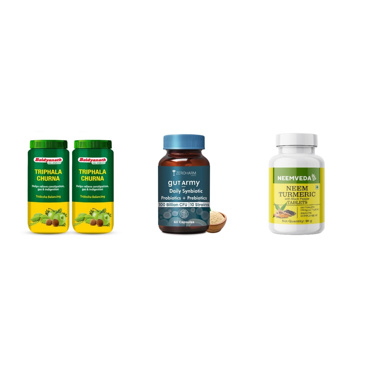 The Digestion Kit - contents shown: Baidyanath Triphala Churna Powder 500g, ZeroHarm Prebiotics & Probiotics 100 Billion CFU, Neemveda Neem, Turmeric & Black Pepper Tablets