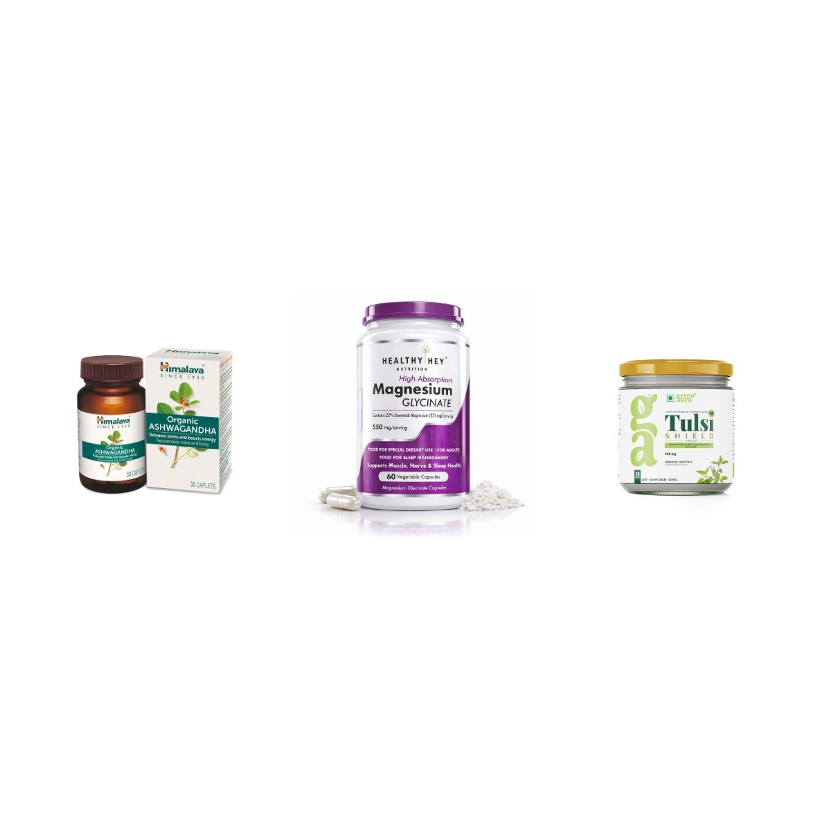The Evening Wind-Down Kit - contents shown: Himalaya Organic Ashwagandha 670mg Tablets 60, HealthyHey Magnesium Glycinate Capsules, Green Aura Tulsi Shield 500mg Capsules 60