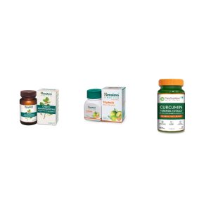 The Ayurvedic Foundation Kit - contents shown: Himalaya Organic Ashwagandha 670mg Tablets 60, Himalaya Triphala Capsules 60, Pure Nutrition Curcumin with Piperine Tablets