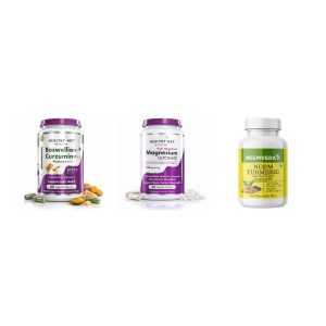The Joint & Mobility Kit - contents shown: HealthyHey Boswellia & Curcumin Capsules 60, HealthyHey Magnesium Glycinate Capsules, Neemveda Neem, Turmeric & Black Pepper Tablets