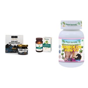 The Men's Foundation Kit - contents shown: Kapiva Original Himalayan Shilajit Resin 20g, Himalaya Organic Ashwagandha 670mg Tablets 60, Planet Ayurveda Tribulus Capsules 60