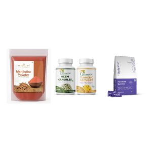 The Skin & Hair Kit - contents shown: Neuwganic Organic Manjistha Powder 100g, Grenera Neem & Turmeric Capsules Combo, Be Bodywise Biotin Hair Gummies with Zinc & Folic Acid