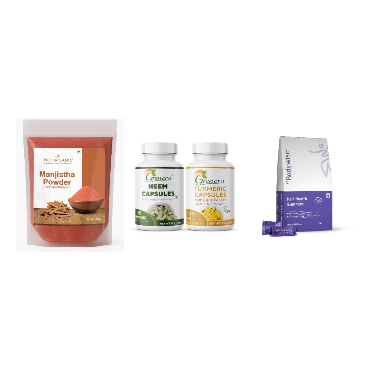 The Skin & Hair Kit - contents shown: Neuwganic Organic Manjistha Powder 100g, Grenera Neem & Turmeric Capsules Combo, Be Bodywise Biotin Hair Gummies with Zinc & Folic Acid