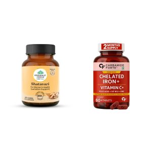 The Women's Daily Duo - contents shown: Organic India Shatavari 60 Veg Capsules, Carbamide Forte Chelated Iron Tablets