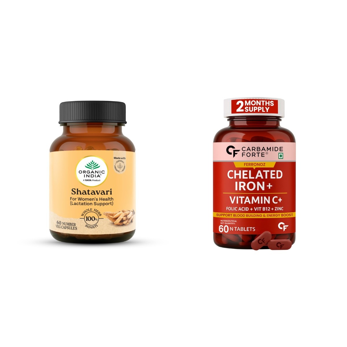 The Women's Daily Duo - contents shown: Organic India Shatavari 60 Veg Capsules, Carbamide Forte Chelated Iron Tablets