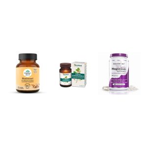 The Women's Foundation Kit - contents shown: Organic India Shatavari 60 Veg Capsules, Himalaya Organic Ashwagandha 670mg Tablets 60, HealthyHey Magnesium Glycinate Capsules
