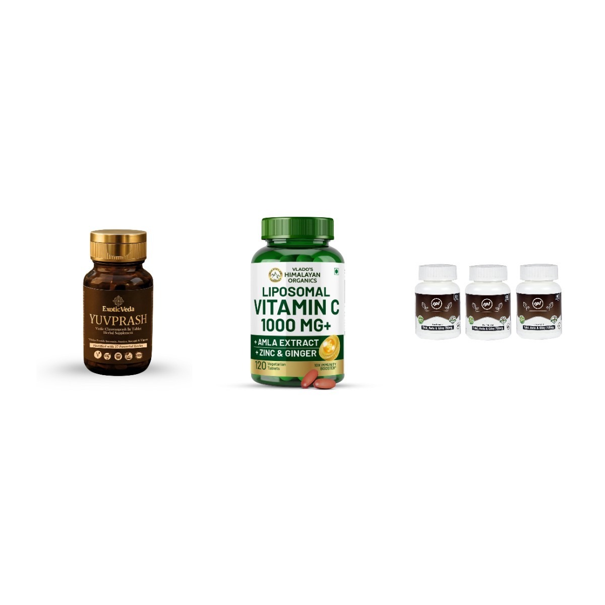 The Winter Kit - contents shown: ExoticVeda Yuvprash Chyawanprash Tablets 60, Himalayan Organics Liposomal Vitamin C Capsules, KantiGlow Selection Tulsi Amla Giloy Capsules