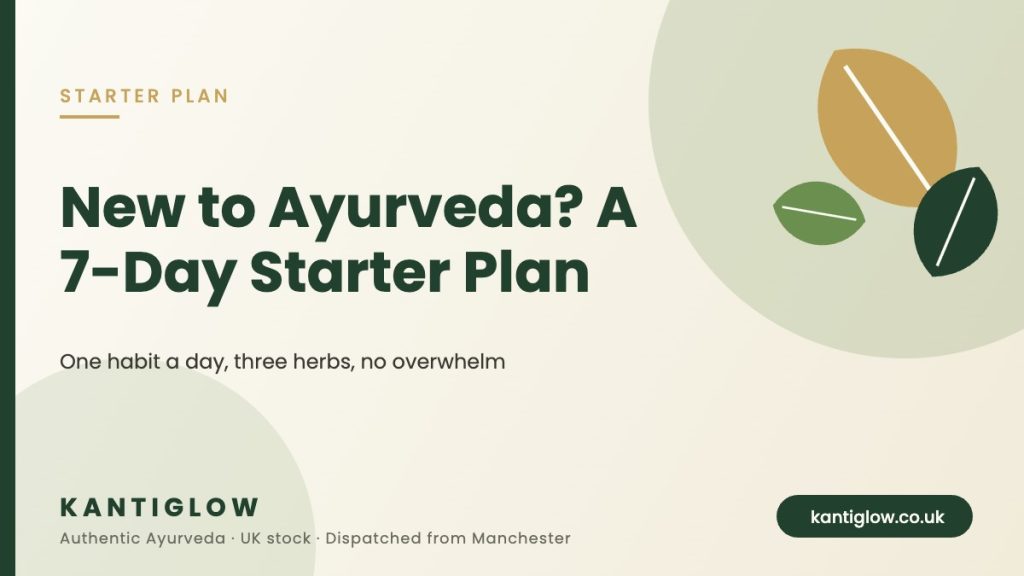 New to Ayurveda 7-day starter plan for UK beginners – KantiGlow guide cover
