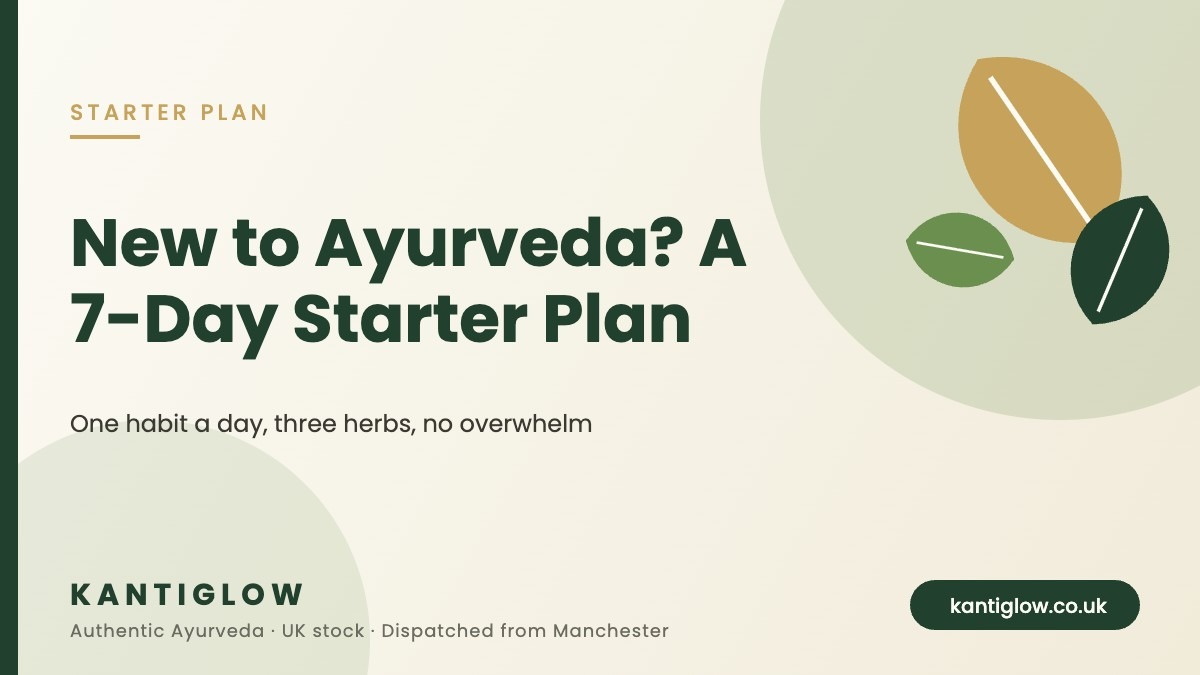 New to Ayurveda 7-day starter plan for UK beginners – KantiGlow guide cover