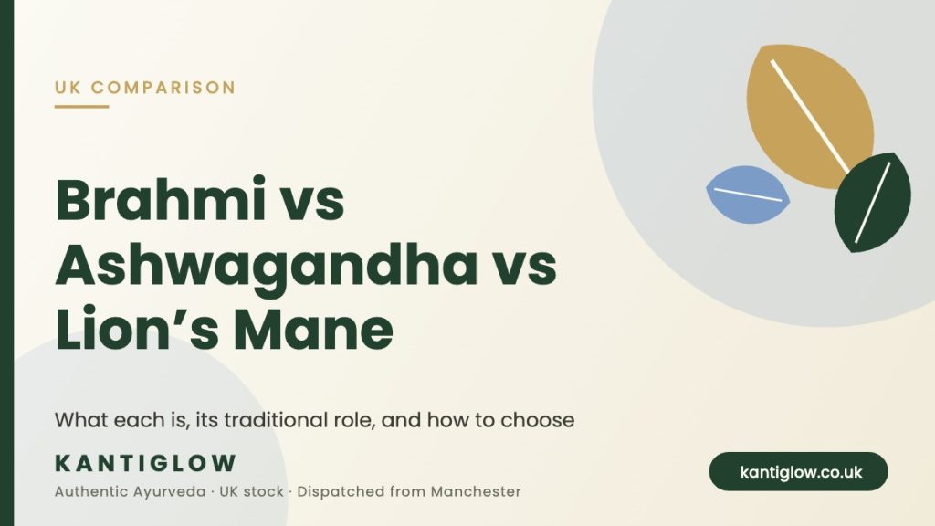Brahmi vs ashwagandha vs lion’s mane comparison – KantiGlow UK guide cover