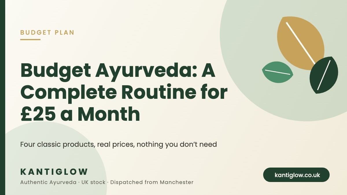 Budget Ayurveda routine for £25 a month – KantiGlow UK guide cover
