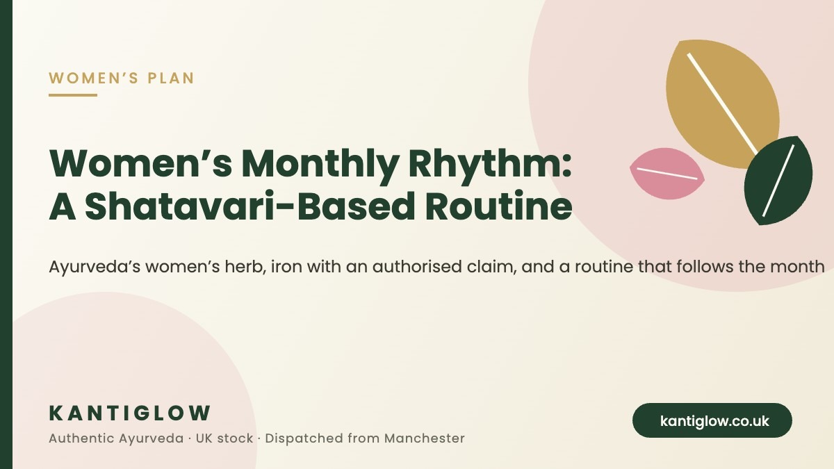 Women’s monthly rhythm shatavari-based Ayurvedic routine – KantiGlow UK guide cover