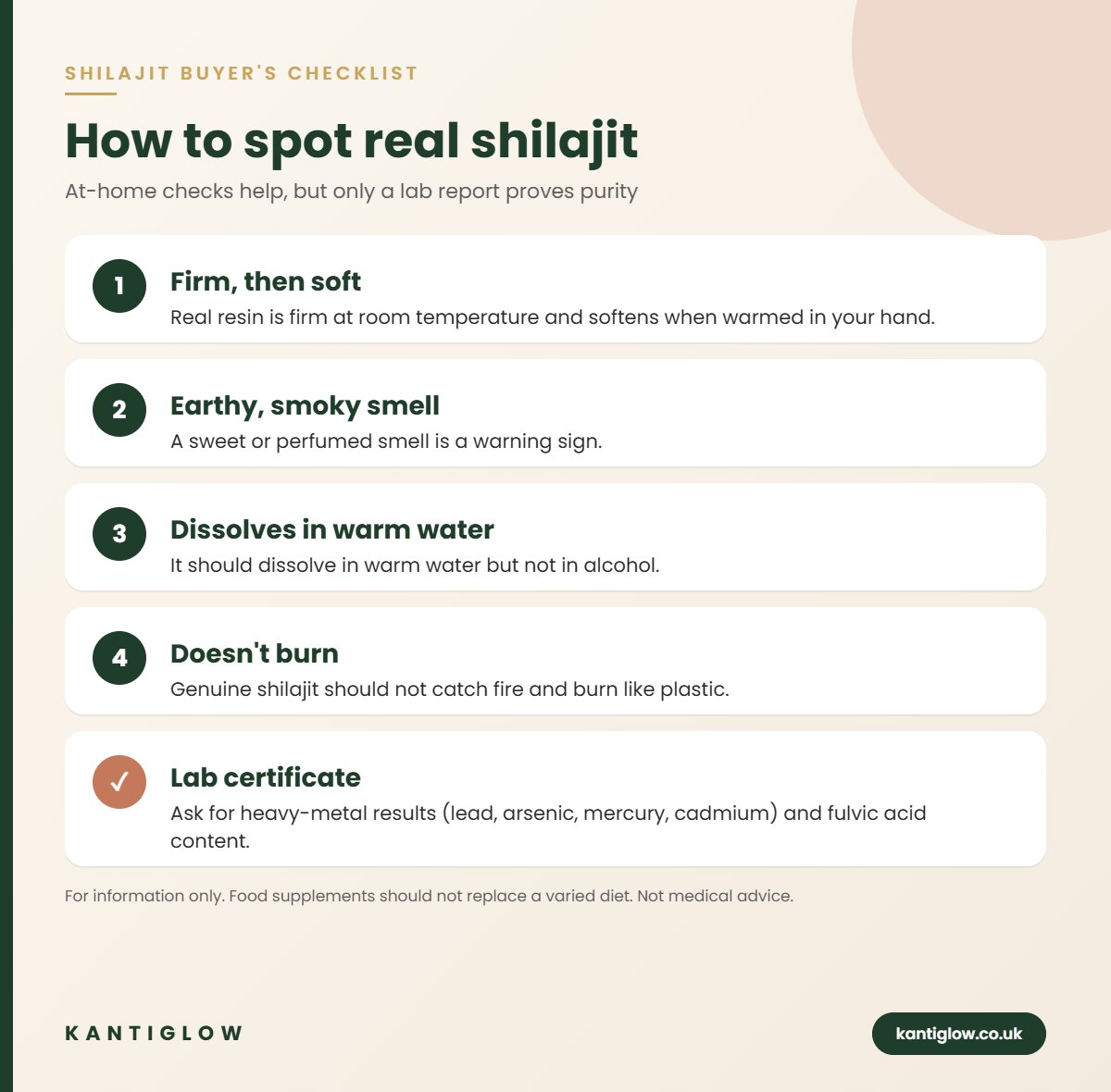 Shilajit UK guide – KantiGlow infographic: How to spot real shilajit